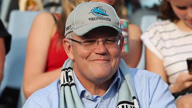 Prime Minister of Australia Scott Morrison during the Cronulla v Manly NRL match at PointsBet Stadium, Cronulla. Picture: Brett Costello