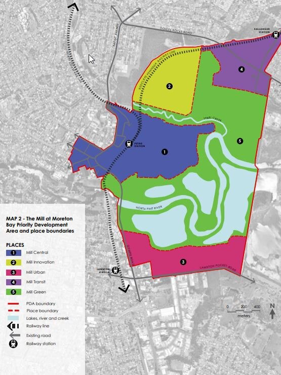 Development scheme map showing the five different sections of the Mill at Moreton Bay PDA.