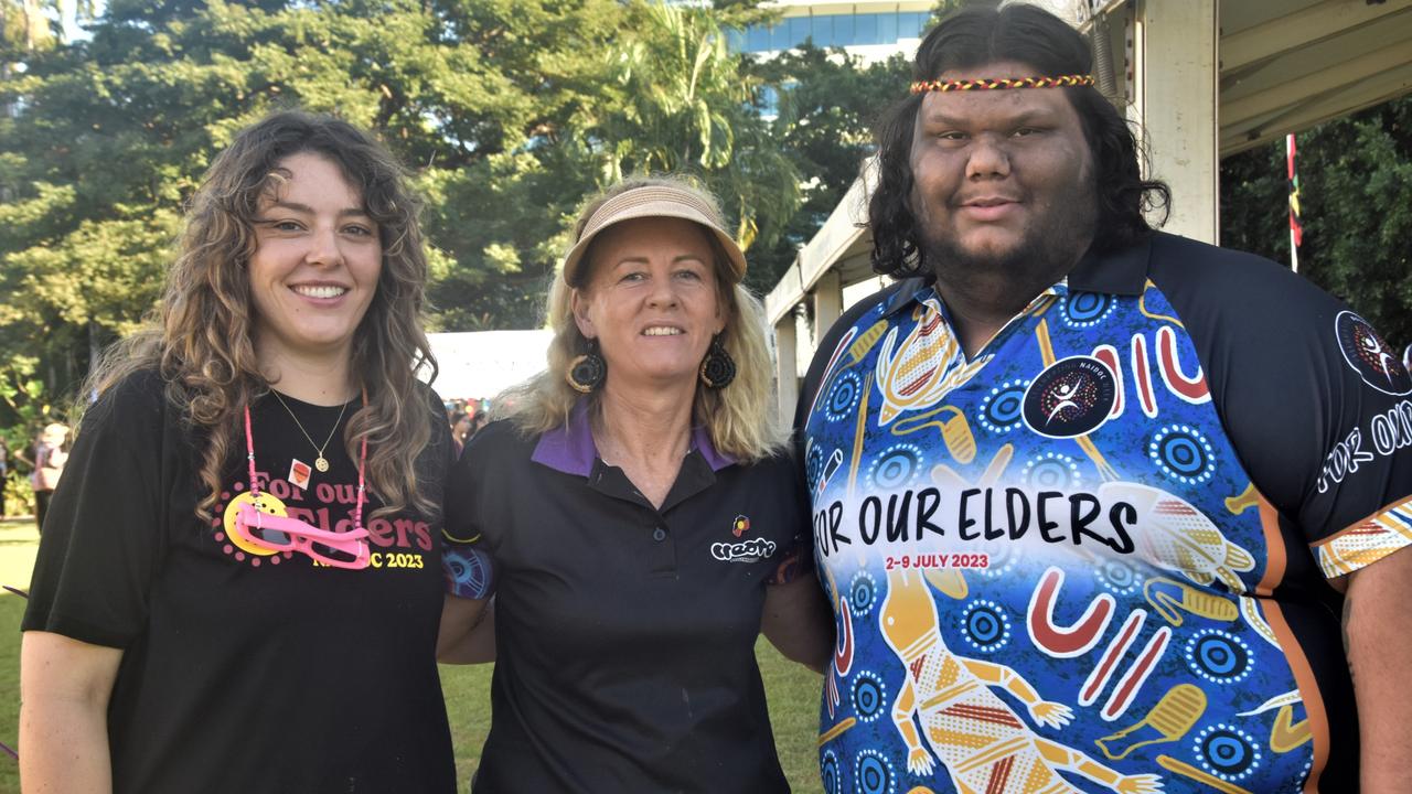 Kate Clements, Sam Cotton, and Dawyte Hart-O'Neill were among thousands of Territorians who took part in the 2023 NAIDOC march in Darwin, which saw the highest number of marchers the Territory has seen. Picture: Sierra Haigh