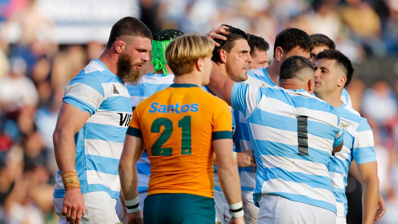 Argentina's Los Pumas flanker Pablo Matera celebrates with his teammates. Photo by GERONIMO URANGA / AFP.