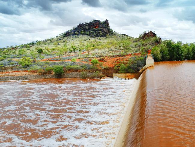 Aerial over a free flowing Chinamans Dam at Cloncurry. Photo Lachie Millard