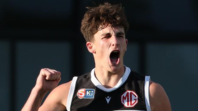 Thomas Scully of the Magpies reacts after scoring a goal during the Round 10 SANFL match between Port Adelaide and West Adelaide at Alberton Oval in Adelaide, Saturday, June 15, 2024. (SANFL Image/David Mariuz)