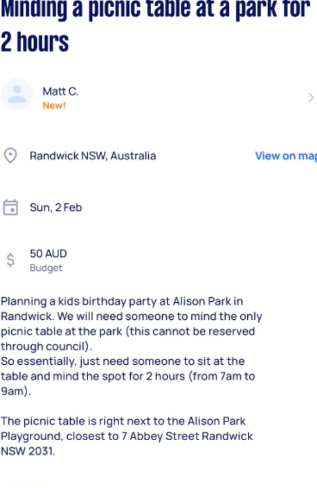 A family has posted an ad asking someone to mind a picnic table for a few hours ahead of a children’s birthday party at Alison Park in Randwick. Picture: Supplied