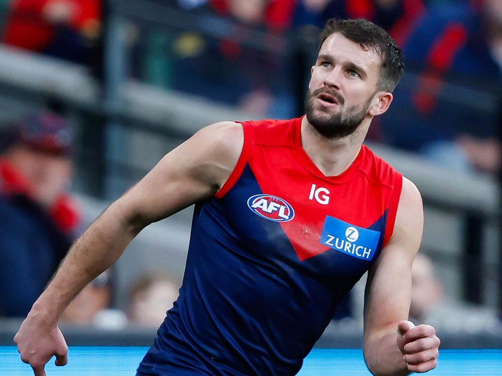 MELBOURNE, AUSTRALIA – AUGUST 20: Joel Smith of the Demons celebrates a goal during the 2023 AFL Round 23 match between the Melbourne Demons and the Hawthorn Hawks at Melbourne Cricket Ground on August 20, 2023 in Melbourne, Australia. (Photo by Dylan Burns/AFL Photos)