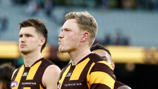 MELBOURNE, AUSTRALIA - MARCH 23: James Sicily of the Hawks looks dejected after a loss during the 2024 AFL Round 02 match between the Hawthorn Hawks and the Melbourne Demons at the Melbourne Cricket Ground on March 23, 2024 in Melbourne, Australia. (Photo by Michael Willson/AFL Photos via Getty Images)