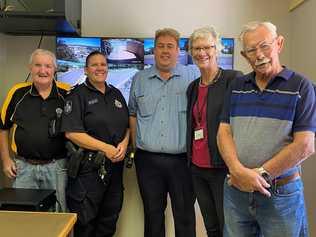 EYES ON YOU: Fred Law, president of the Wondai Lions Club, Senior Constable Susan Stevens from the Wondai Police, Luke Radunz from DataWave Internet Wondai, Councillor Ros Heit and Brian Hodson from Wondai Neighbourhood Watch at the official launch of the new Wondai security cameras.	. Picture: Kate McCormack