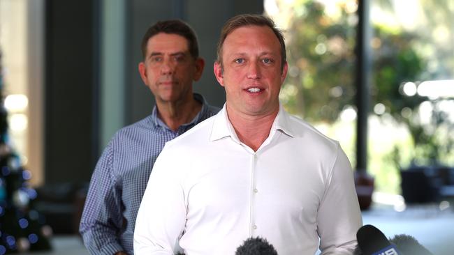 Queensland’s new Premier Steven Miles and Deputy Premier Cameron Dick behind him. Picture: David Clark