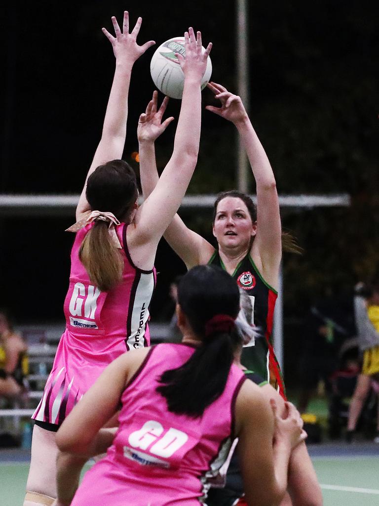 Cutters' Tess Plattuss has her pass blocked in the Cairns Netball Association Senior Division 1 match between the South Cairns Cutters and Brothers Leprechauns. PICTURE: BRENDAN RADKE