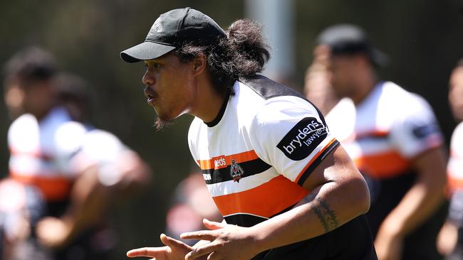 Luciano Leilua during Tigers pre-season training. Picture: Getty Images