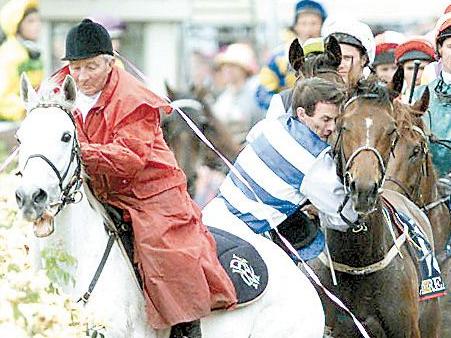 6 Nov 2001: Jockey Scott Seamer is thrown from the Tooheys New Melbourne Cup winner Ethereal #13 after the horse was spooked by streamers from the crowd during the Tooheys New Melbourne Cup Day held at Flemington Racecourse, Melbourne, Australia. DIGITAL IMAGE. Mandatory Credit: Mark Dadswell/ALLSPORT