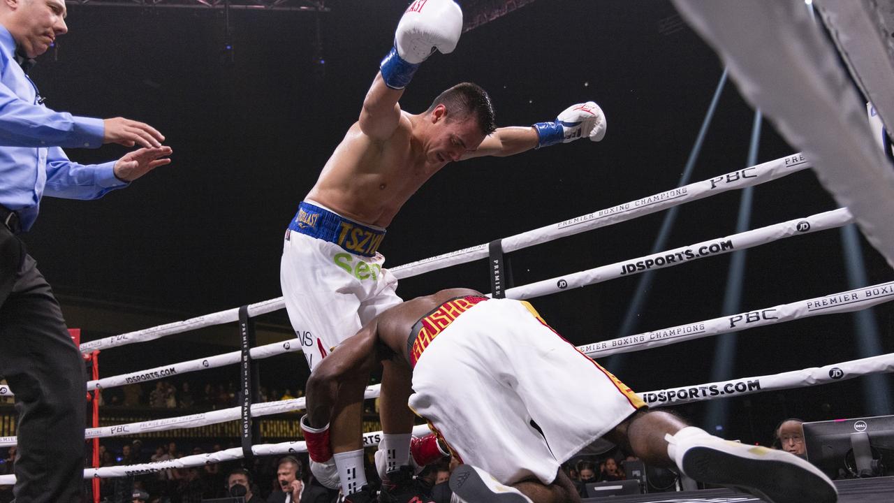 Tim Tszyu knocked down Terrell Gausha in the fourth round. Photo: Getty Images