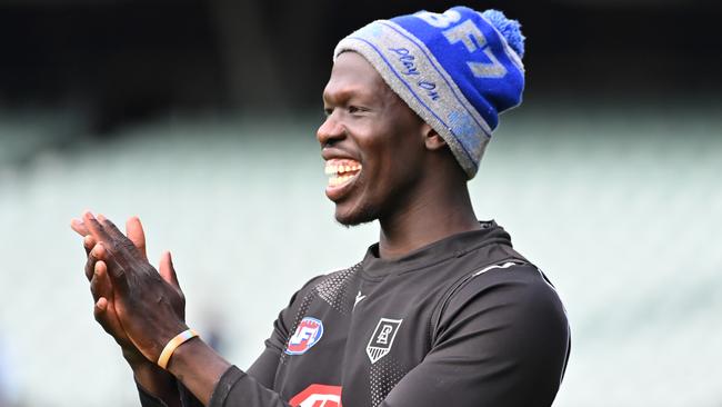 Aliir Aliir relaxes at Port Adelaide training. Picture: Keryn Stevens