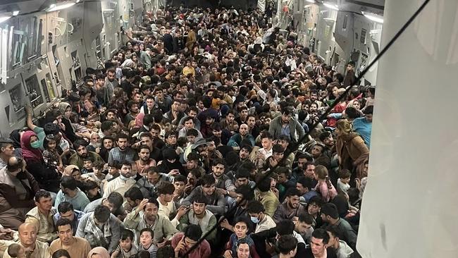 A US Air Force Globemaster cargo plane flew 640 Afghans out of a chaotic Kabul airport. Picture: Capt. Chris Herbert / US Airforce / AFP