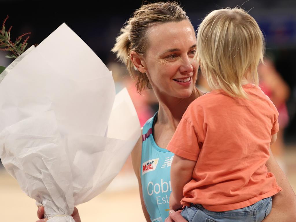 Marvericks star Nat Butler receives her flowers after returning for a clash with her first club. Picture: Getty Images