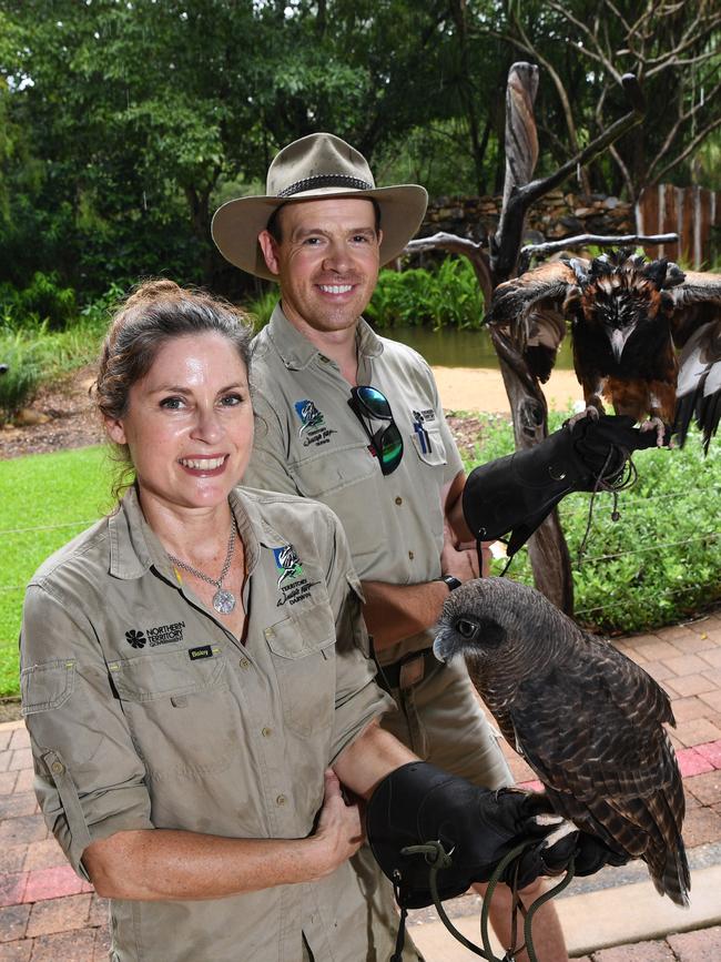 Territory Wildlife Park are having a promotion about families with animal surname's getting free entry to the Territory Wildlife Park this Sunday as part of a special launch. Pictured are Zoo Keepers Shael Martin with Ruby a Rufous Owl and Luke Hare with Errol a Black breasted buzzard. Picture: Katrina Bridgeford.