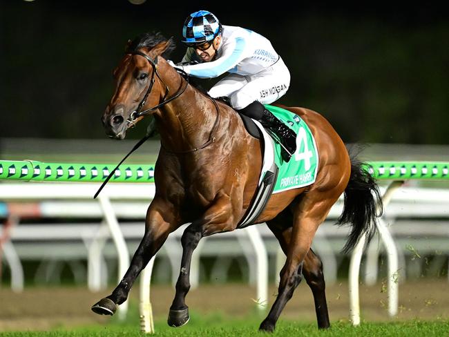 Ash Morgan wins the Magic Millions Sunlight aboard Private Harry for trainer Nathan Doyle. Picture: Grant Peters - Trackside Photography