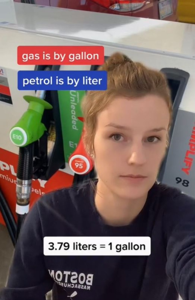 Her clip sparked a debate on the difference between petrol and gas. Picture: TikTok/ameristralia