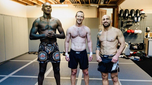 Mark Zuckerberg trains with Ultimate Fighting Championship stars Israel Adesanya and Alexander Volkanovski. Picture: The Times