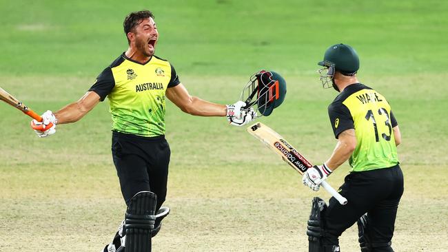 Marcus Stoinis and Matthew Wade celebrate Australia’s incredible semi-final win at the last T20 World Cup.