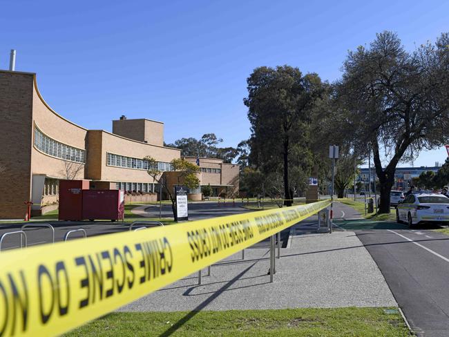 ADELAIDE, AUSTRALIA - AUGUST 29, 2020: Police at the scene at Adelaide High School on West Terrace after a man was left in a critical condition after being assaulted by four men overnight. Picture: Naomi Jellicoe