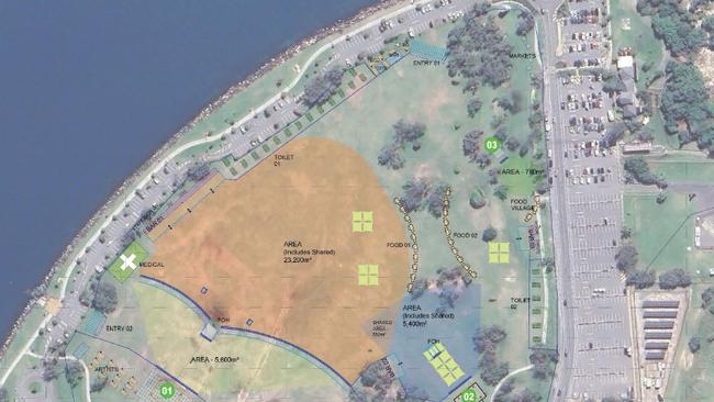 A Gold Coast City Council document showing a site plan for the Promiseland concert at The Spit planned for October 2024. It shows coverage at Doug Jennings Park.