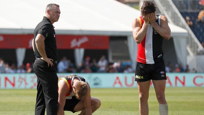 Alan Richardson with Seb Ross and Jack Steele after the Saints’ 70-point loss to Port Adelaide in China. Picture: AFL Photos