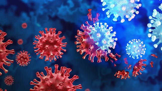 Mutating virus variant and cell mutation variants as a health risk concept and new coronavirus outbreak or covid-19 viral cells mutations and influenza background as a 3D render.