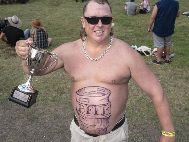 Winner of the Best Dad Bod competition is Matt Jones from Hervey Bay. Meatstock, Toowoomba Showgrounds. Saturday, April 9, 2022. Picture: Nev Madsen.