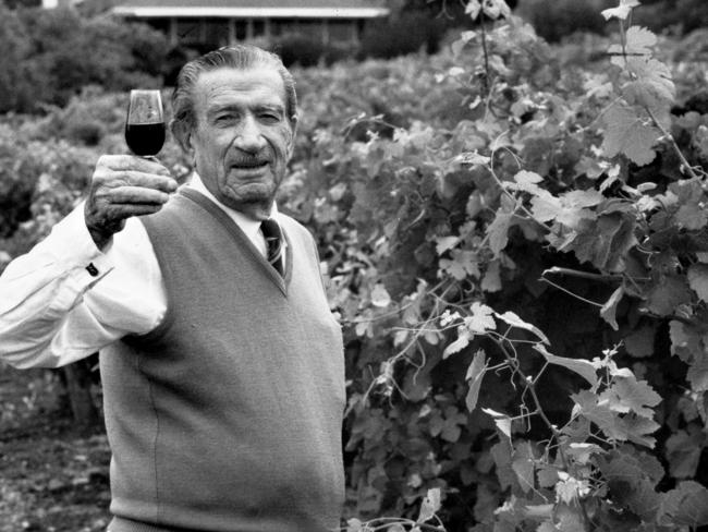 Creator of Penfolds Grange Max Schubert with a glass of his famous tipple. Picture: HWT Library.