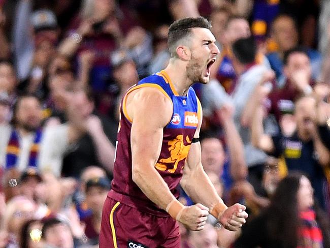 BRISBANE, AUSTRALIA - SEPTEMBER 07: Daniel McStay of the Lions celebrates kicking a goal during the AFL 2nd Qualifying Final match between the Brisbane Lions and the Richmond Tigers at The Gabba on September 07, 2019 in Brisbane, Australia. (Photo by Bradley Kanaris/Getty Images)