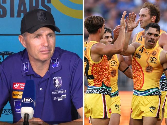 Justin Longmuir and Indigenous All Stars clebrate. Photo: Fox Footy and Paul Kane/Getty Images.