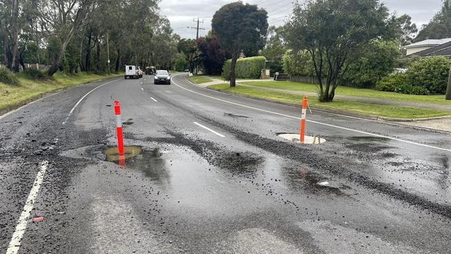 Potholes in Hull Road Mooroolbark after recent storms. Picture: Nicholas Higgins