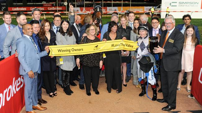 Connections of Houtzen after their filly won the Scarborough Stakes at Moonee Valley. Photo: Brett Holburt/Racing Photos via Getty Images