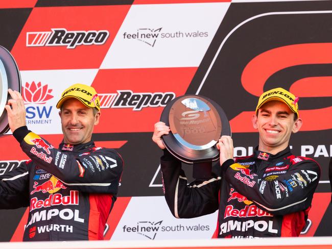 BATHURST, AUSTRALIA - OCTOBER 13: (L-R) Jamie Whincup driver of the #88 Red Bull Ampol Racing Chevrolet Camaro ZL1, Broc Feeney driver of the #88 Red Bull Ampol Racing Chevrolet Camaro ZL1 during the Bathurst 1000, part of the 2024 Supercars Championship Series at Mount Panorama, on October 13, 2024 in Bathurst, Australia. (Photo by Daniel Kalisz/Getty Images)