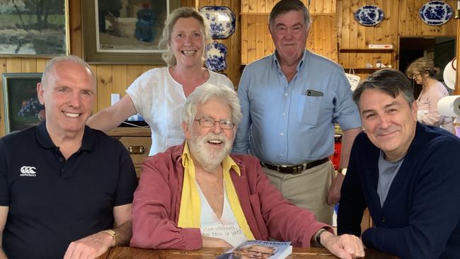 Former Australian entertainer Rolf Harris with (from left) private investigator William Merritt, ormer PA Lisa Ratcliffe, friend Mike Kelly and former defence barrister KC Stephen Vullo.