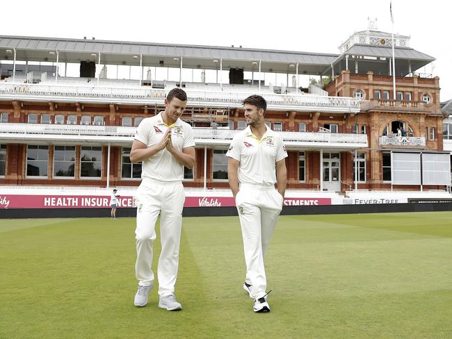 LONDON, ENGLAND - AUGUST 12: Josh Hazlewood of Australia and Mitch Marsh of Australia walk out to inspect the pitch during the Australia Nets Session at Lord's Cricket Ground on August 12, 2019 in London, England. (Photo by Ryan Pierse/Getty Images)