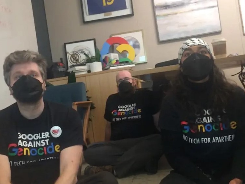 Some donned traditional Arab headscarves as they stormed and occupied the office of a top executive in California. Picture: Twitch/notech4apartheid