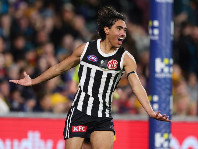 Jase Burgoyne celebrates a goal in the Showdown. Picture: Sarah Reed/AFL Photos via Getty Images.