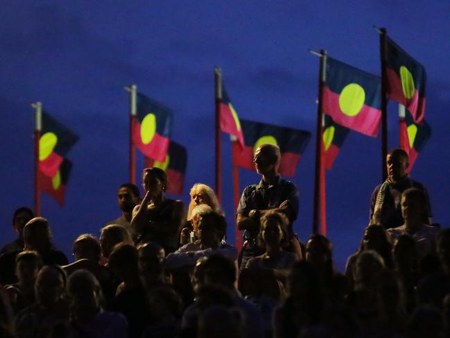 Spectators attend a vigil on the eve of Australia Day, at Barangaroo in Sydney, Saturday, January 25, 2020. Picture: AAP