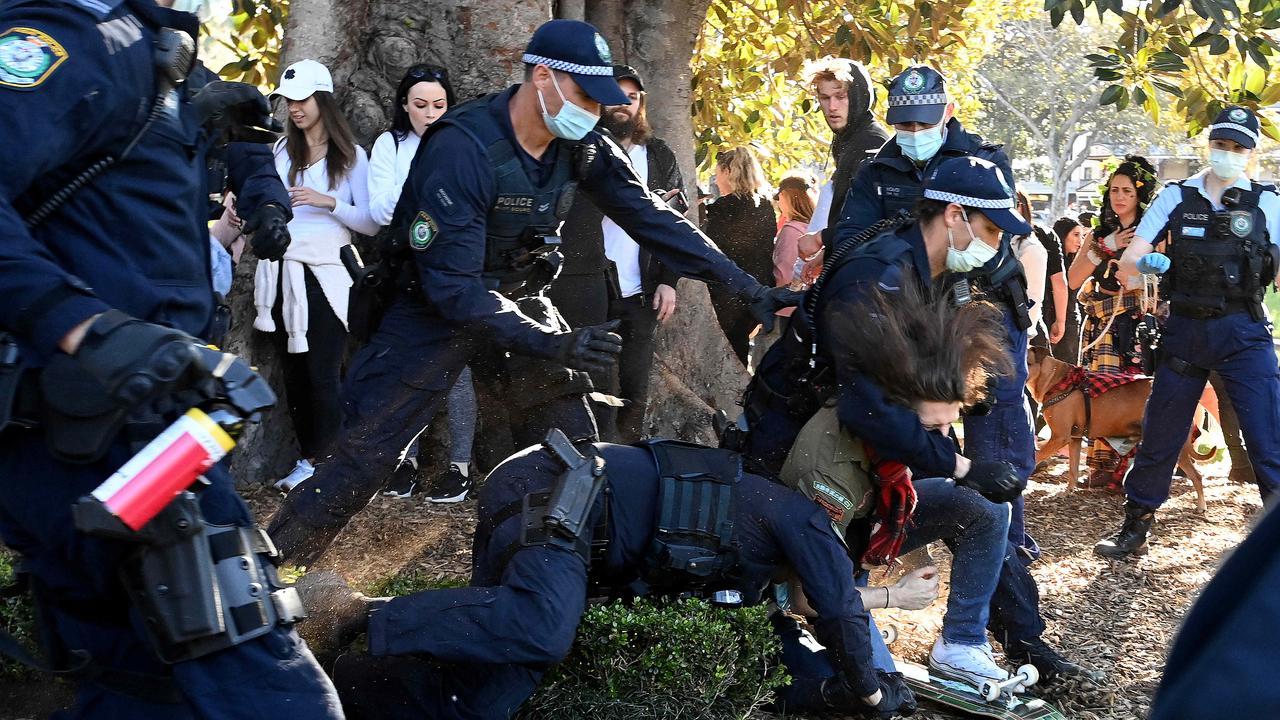 Protesters clash with NSW Police officers at Victoria Park during a protest to rally for freedom of speech, movement, choice, assembly, and Health in Sydney. Picture: NCA NewsWire/Bianca De Marchi
