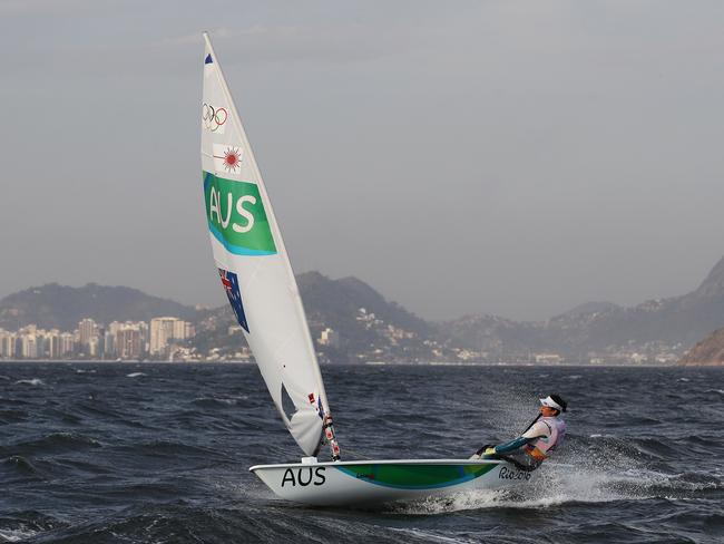 Australia’s Ashley Stoddart on the water as a change comes through and postponed the Laser Radial Women Medal Race at the Rio 2016 Olympic Games. Picture: Brett Costello