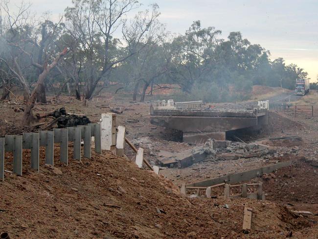 The scene of the Angellala Creek Bridge truck explosion.