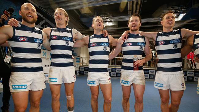 Geelong players sing the song after the round 22 belting of Fremantle. Pic: Getty Images