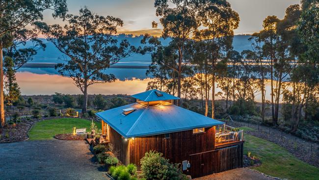 A drone shot of the Huon River Hideaway at golden hour. Picture: Jon Jarvela photographs