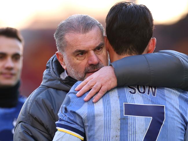 Ange Postecoglou (left) embraces Tottenham captain Son Heung-min after Spurs’ 2-0 win over Brentford. Picture: Ryan Pierse/Getty Images