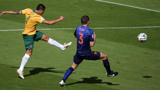 Tim Cahill’s wonder strike at the 2014 World Cup. Picture: George Salpigtidis