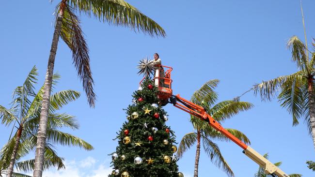 Electrical apprentice Madison Skaines decorates the Christmas tree at the Esplanade