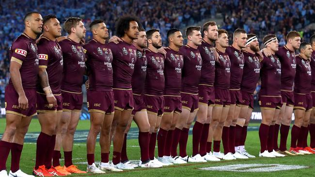 Will Chambers, far left, he won’t sing the national anthem in Origin I. Picture: Getty Images