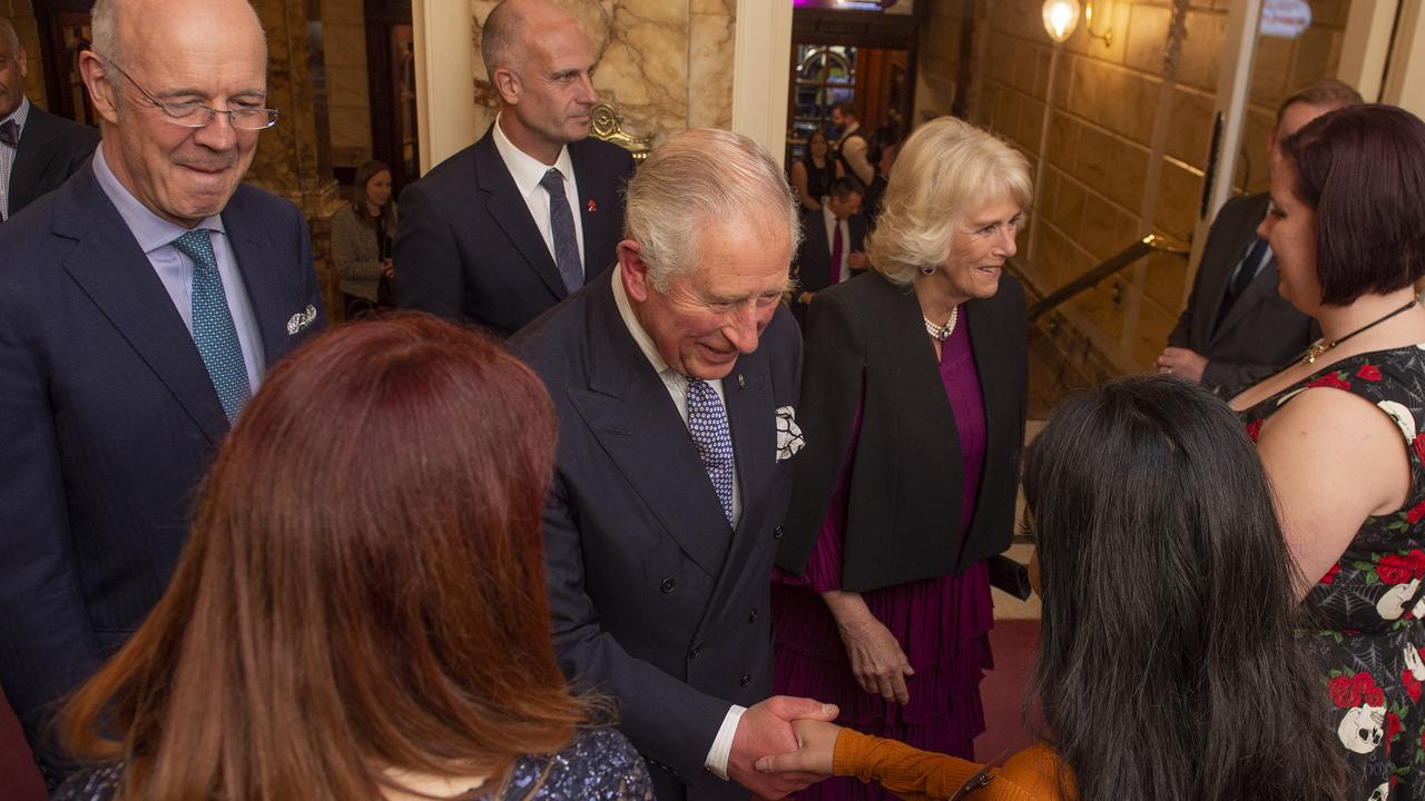 Prince Charles and Camilla meet young Princes' Trust beneficiaries after attending a one off performance of 'We Are Most Amused and Amazed' for his 70th birthday celebrations. Picture: Getty