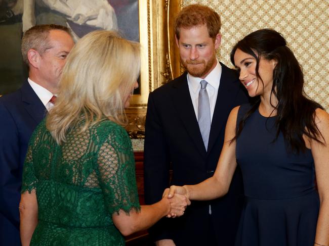 Harry and Meghan meeting the Leader of the Opposition, Bill Shorten and his wife Chloe at Admiralty House. Picture: Jonathan Ng